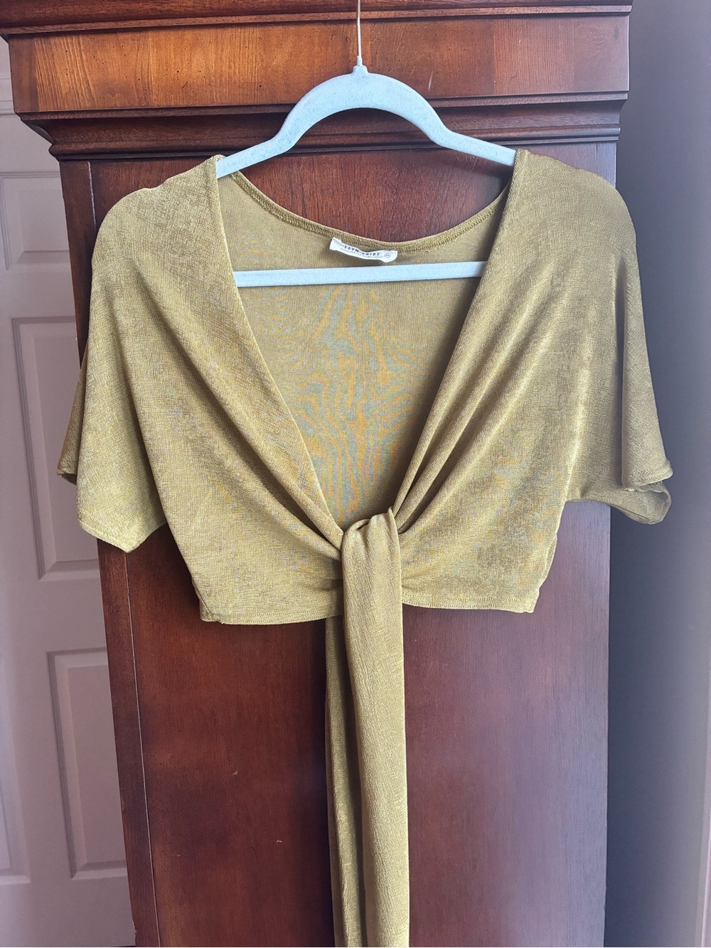 12th Tribe Olive Green Front Tie Crop Top | Soft Stretch Knit | Medium - Picture 3 of 7